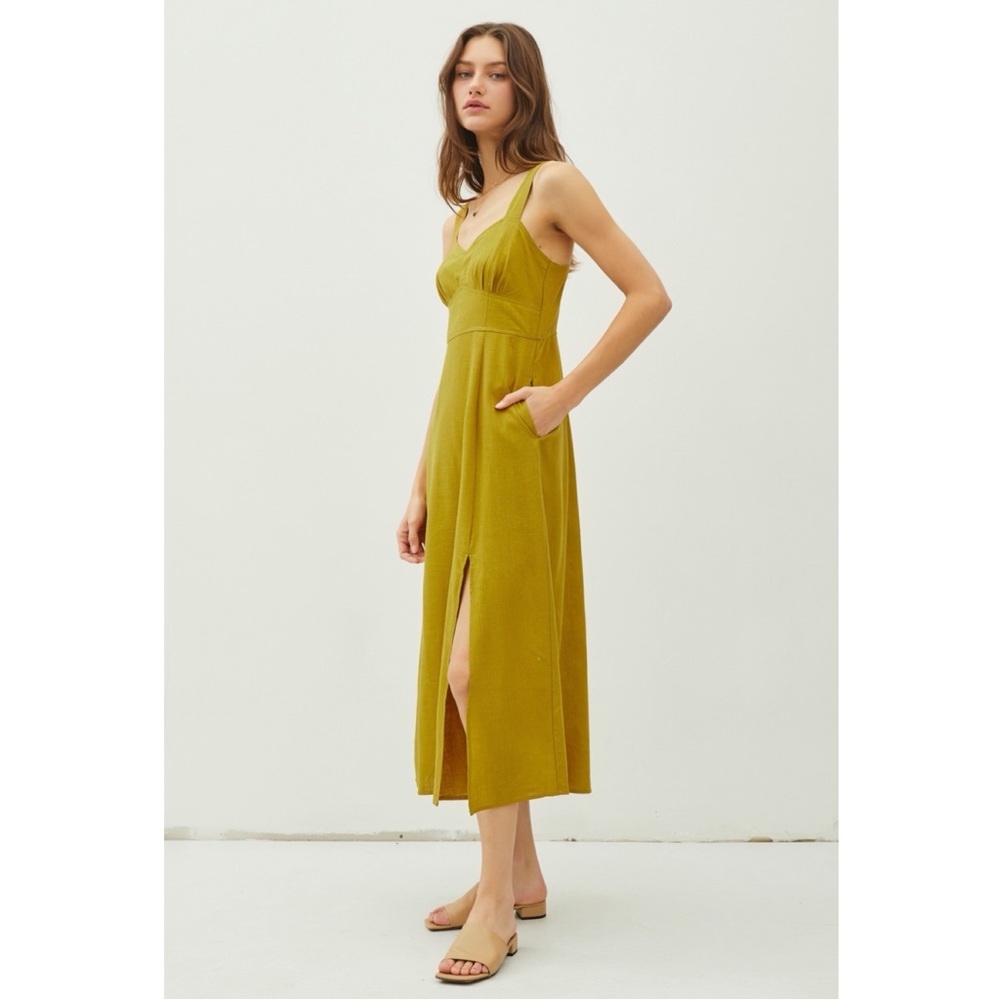 NWOT Golden Green Rayon Viscose Blend Bustier Midi Dress W/Slit. Size L